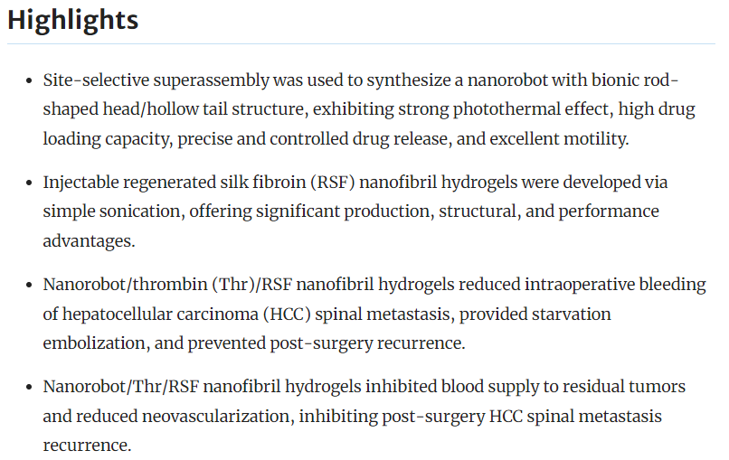 IF 31.6！ Injectable nano robot hydrogel superstructure for hemostasis and anti-cancer treatment of spinal metastasis