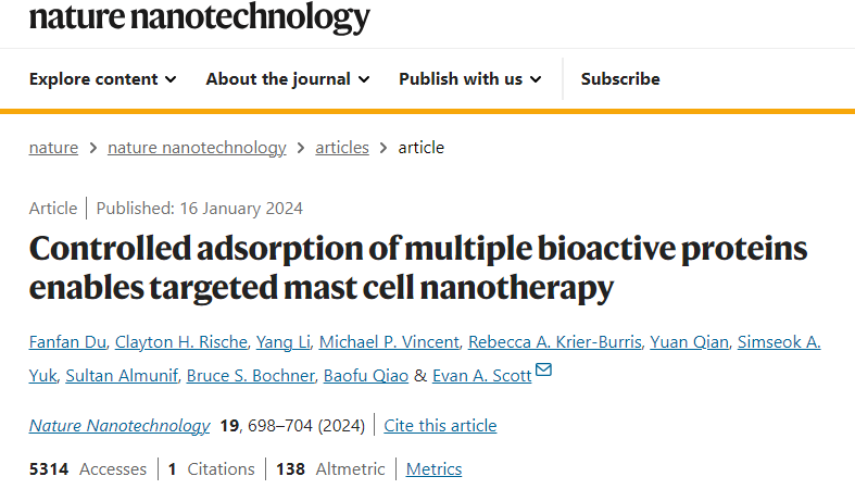 Nature！ Controlled adsorption of multiple bioactive proteins can achieve targeted mast cell nanotherapy